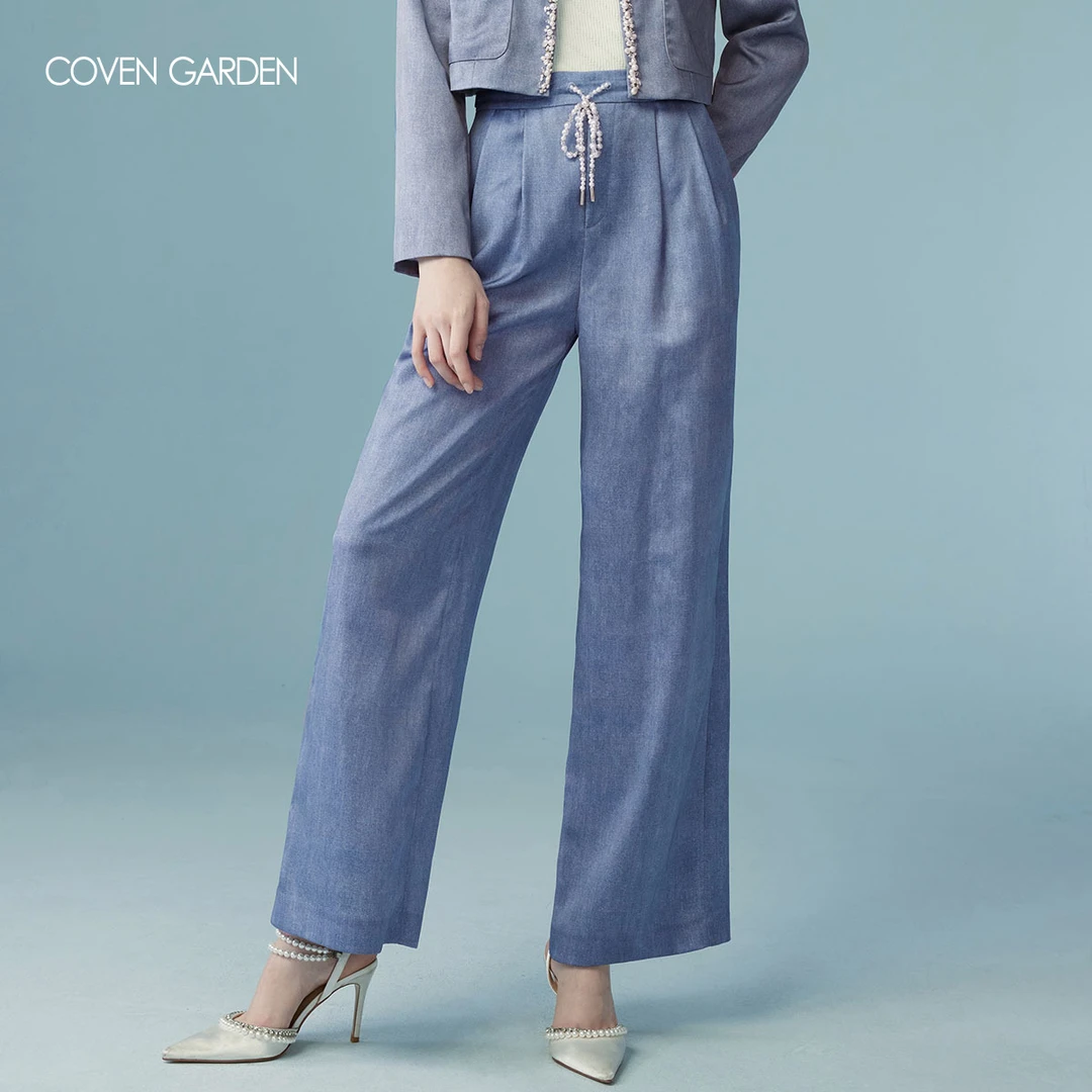 哥文花园 牛仔蓝运动休闲裤长裤女阔腿 CLA1065040