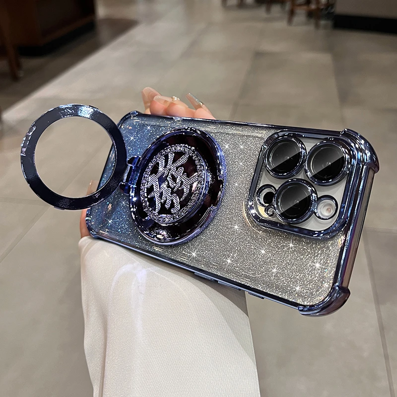 新年红色陀螺支架适用苹果16promax手机壳防摔透明闪粉男女款轻奢