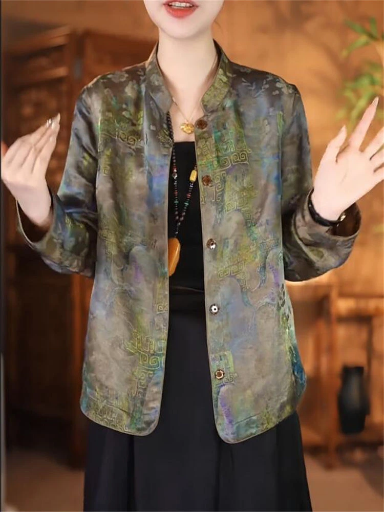 2025秋装新款新中式国风印花盘扣立领开衫女设计感气质七分袖上衣