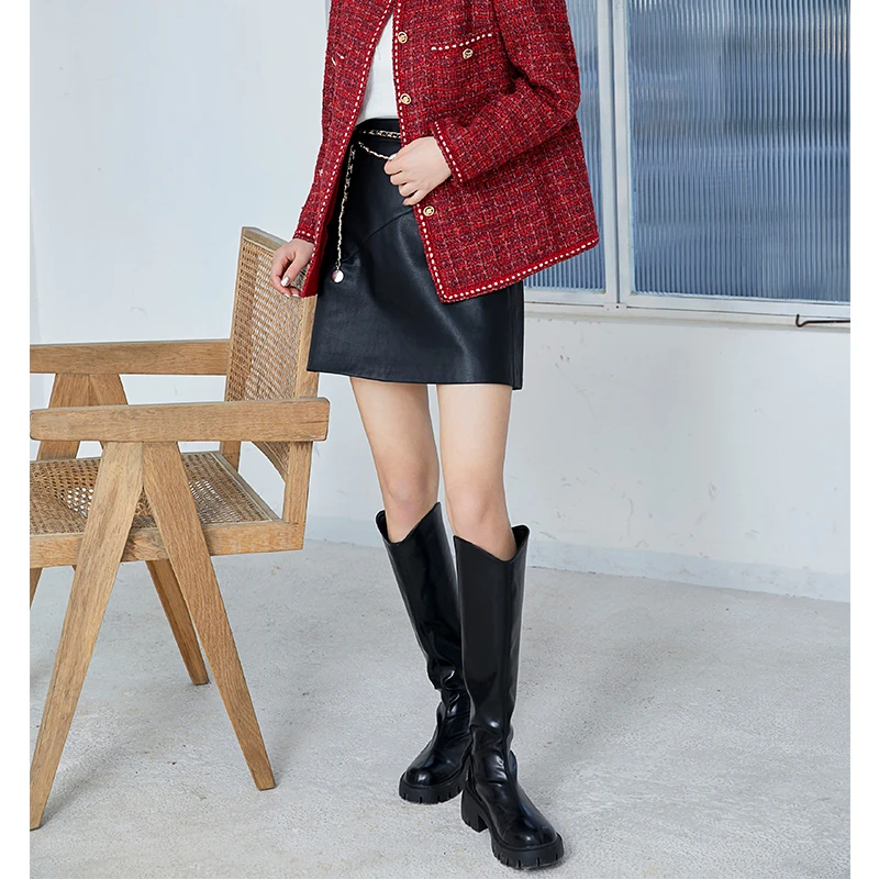 朵以2025春季新款半身裙A字裙pu皮裙39DC631003