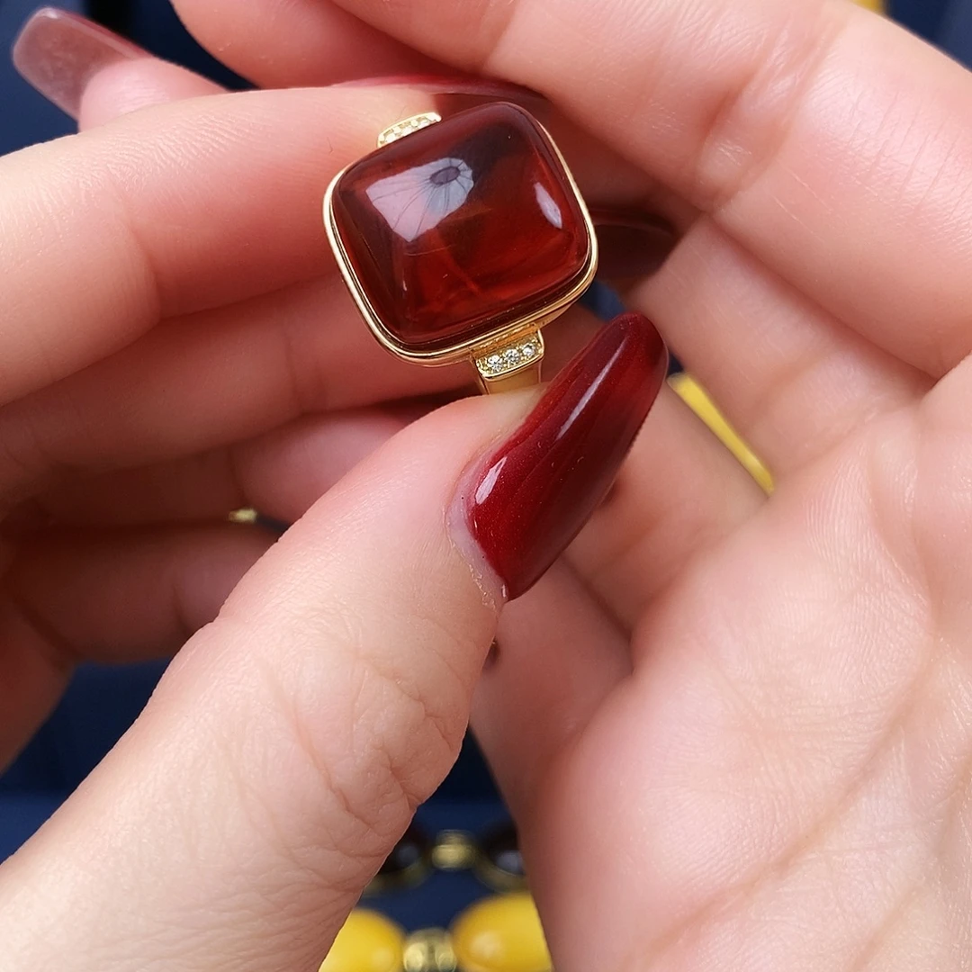 血珀银S925镀金镶嵌戒指