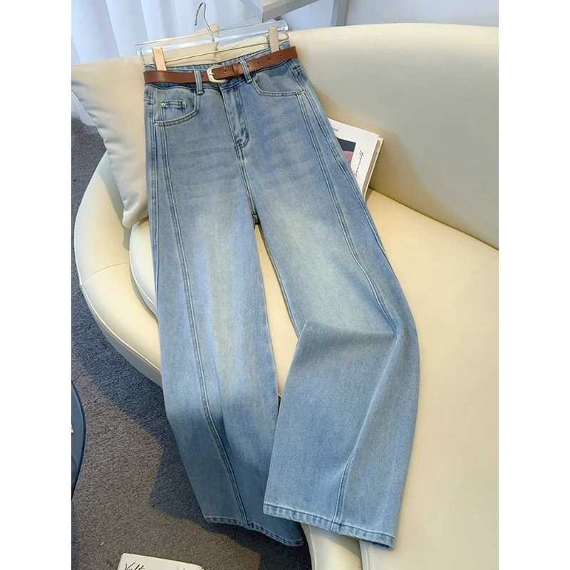 拉夏贝尔爆款牛仔裤女2025年新款春高腰直筒裤显瘦复古窄版阔腿裤