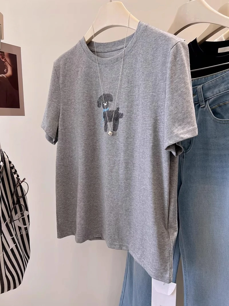 纯棉灰色短袖t恤女夏2025新款韩版宽松打底内搭小狗印花圆领上衣