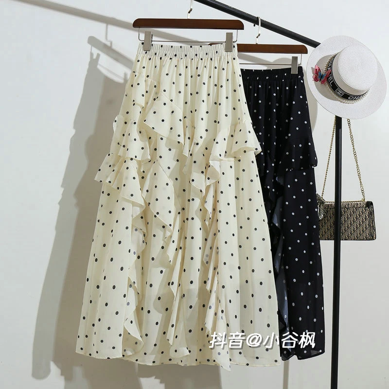 法式波点雪纺半身裙女2025新款不规则荷叶边设计高腰蛋糕长裙子