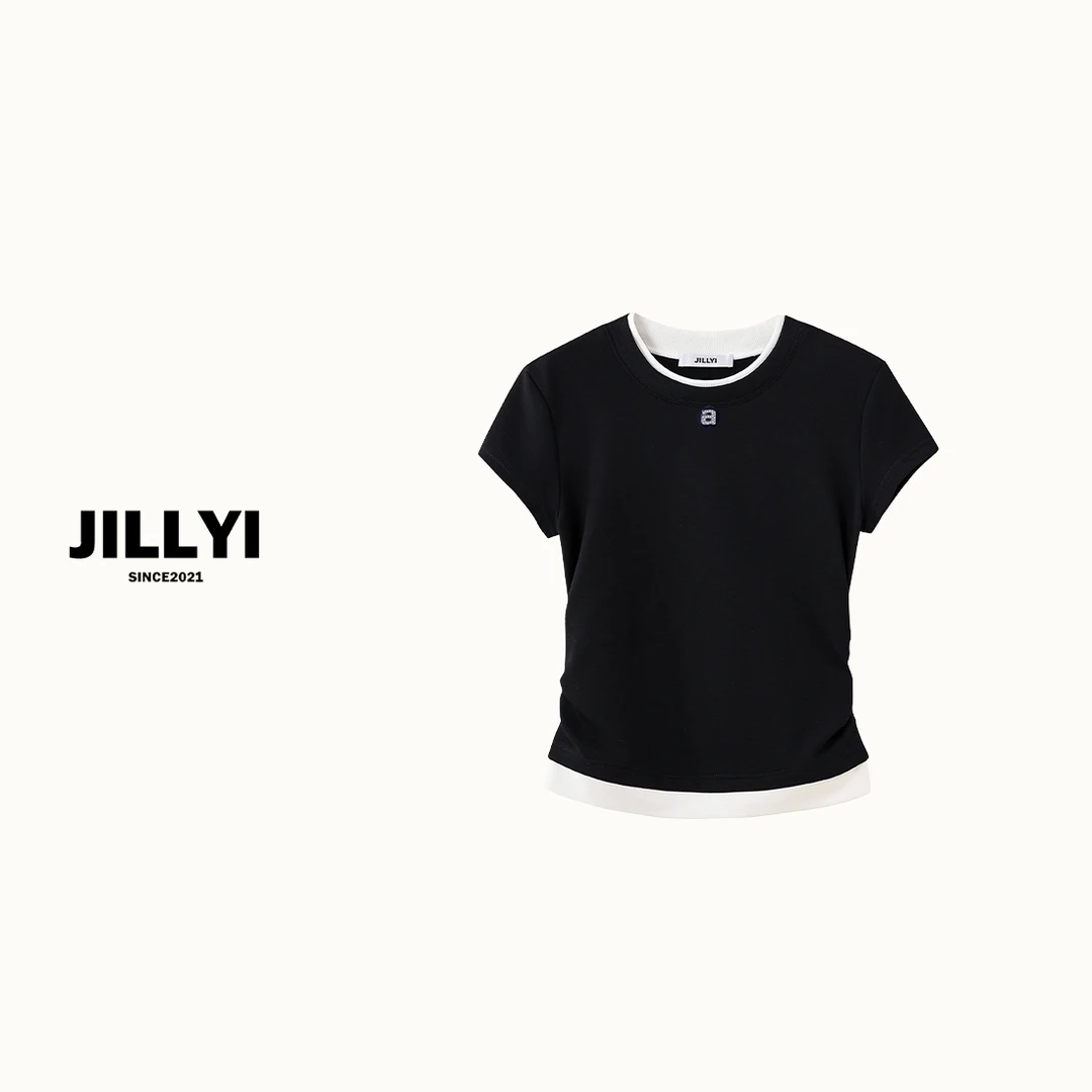 JILLYI南山店【极简穿搭】黑白拼色圆领褶皱下摆工艺时尚