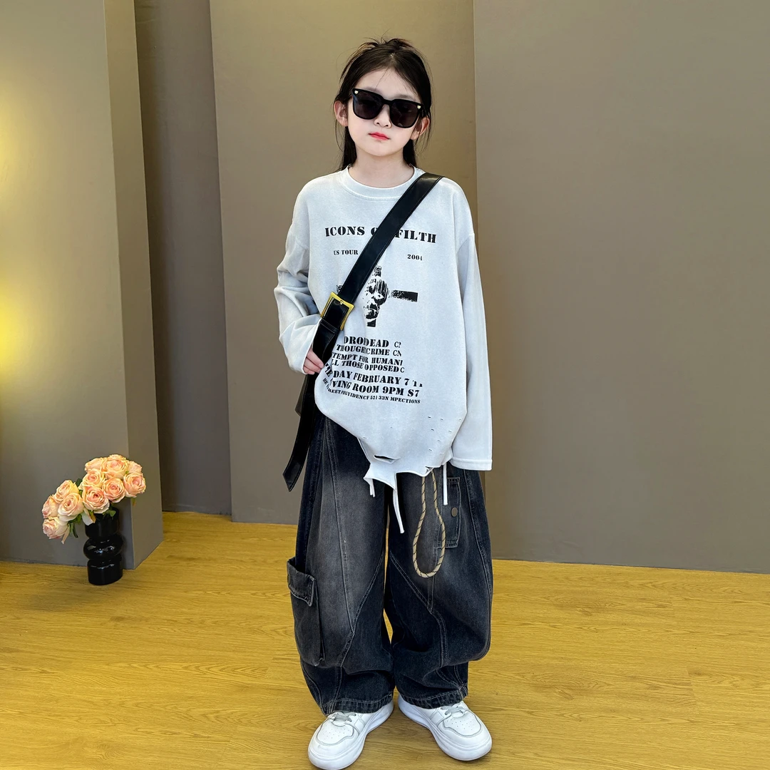 女童2025新款美式时尚洋气宽松休闲破洞卫衣挂机阔腿牛仔裤套装潮