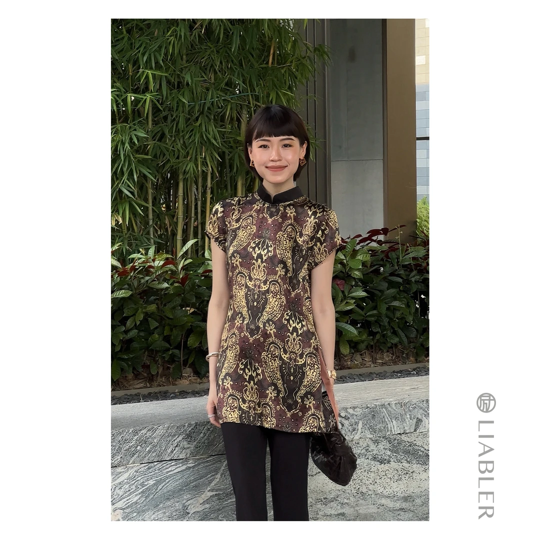 LIABLER/励 C25春夏中式古典桑蚕丝花纹盖袖立领上衣 LAW25046J