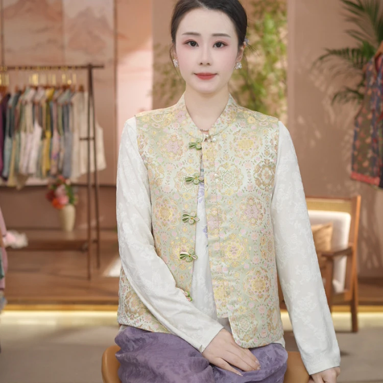 国风新中式圆领提花外穿无袖马甲精致复古盘扣轻奢气质百搭马夹