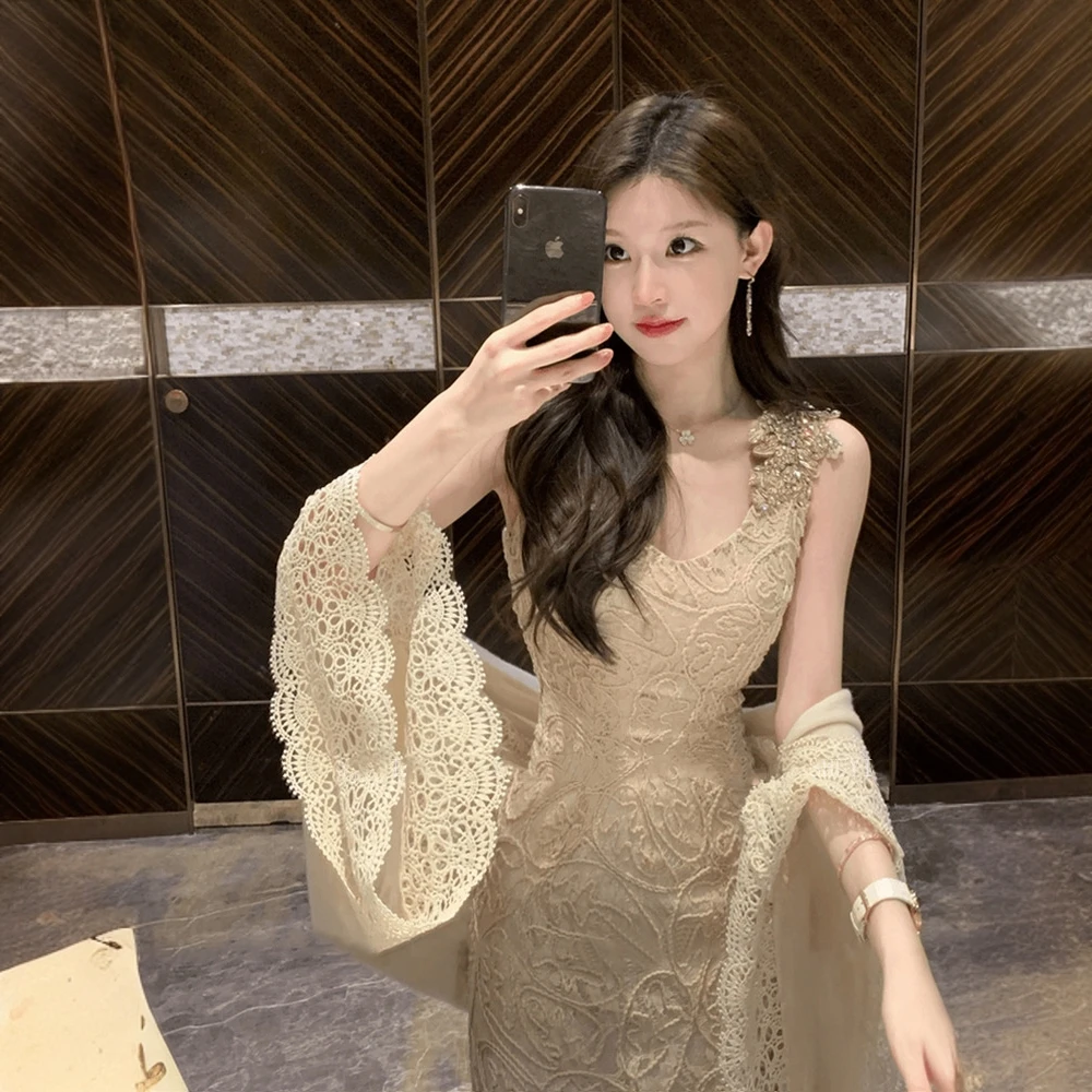 K5356微胖法式千金无袖吊带连衣裙春秋名媛气质修身包臀长裙套装