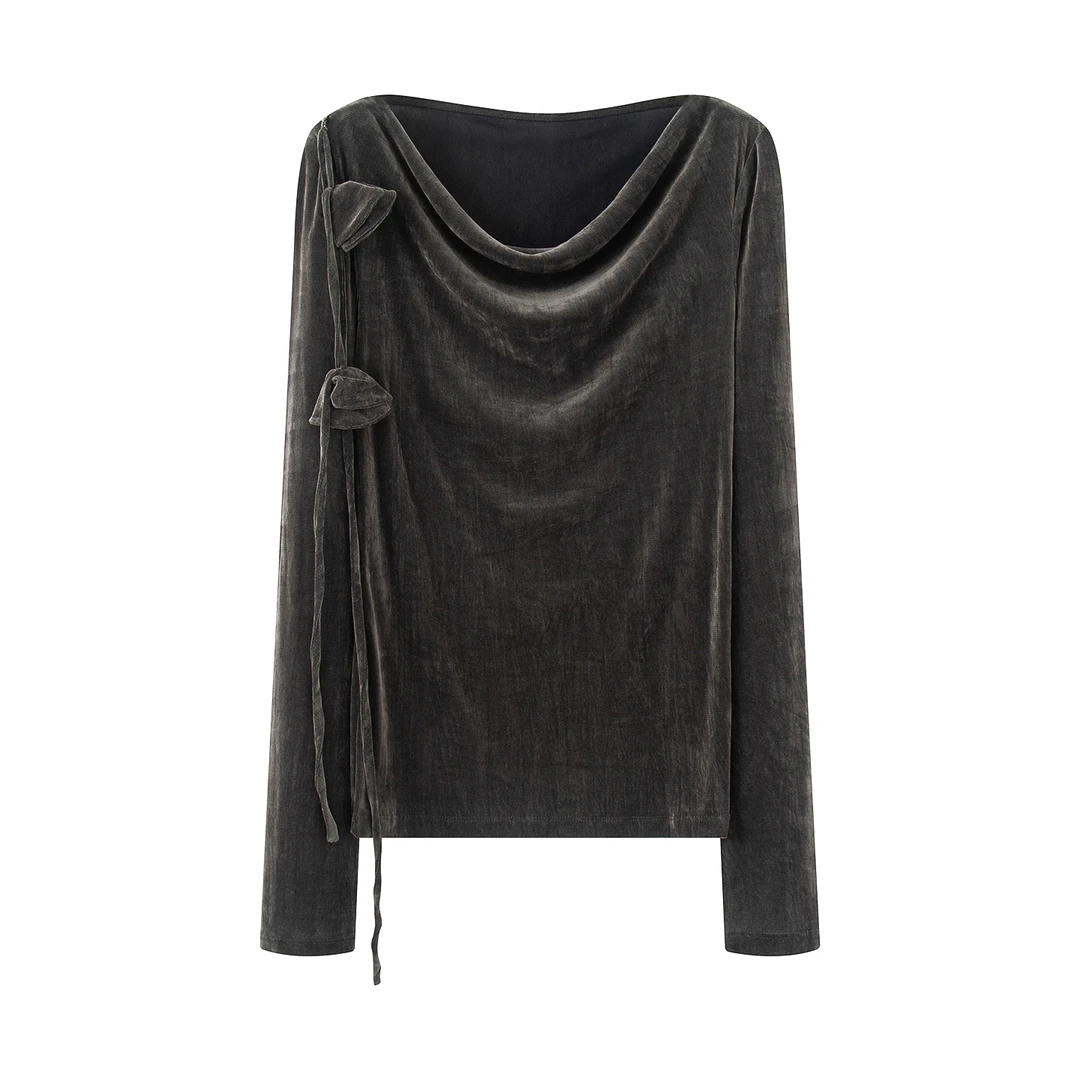 3010{AR}2025女装秋季新品气质简约时尚百搭一字肩丝绒长袖上衣女