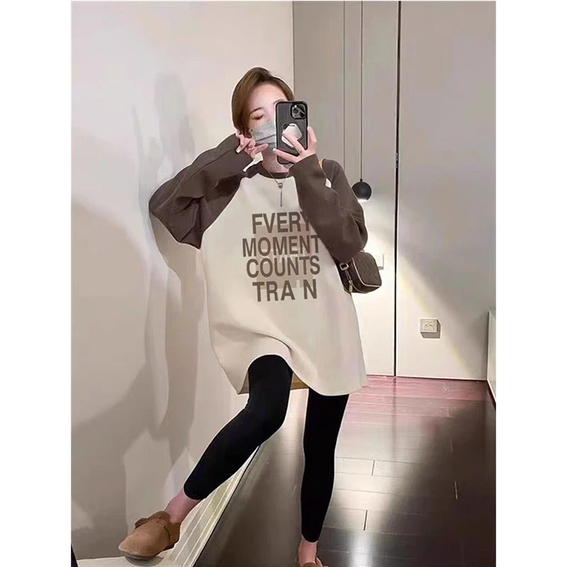 秋冬季圆领长袖t恤宽松韩版2025新款中长款搭配鲨鱼裤打底衫上衣