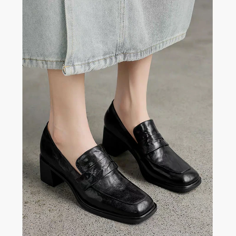 【Fanxin】5cm复古方头上班族百搭英伦乐福鞋新款深口真皮粗跟单鞋