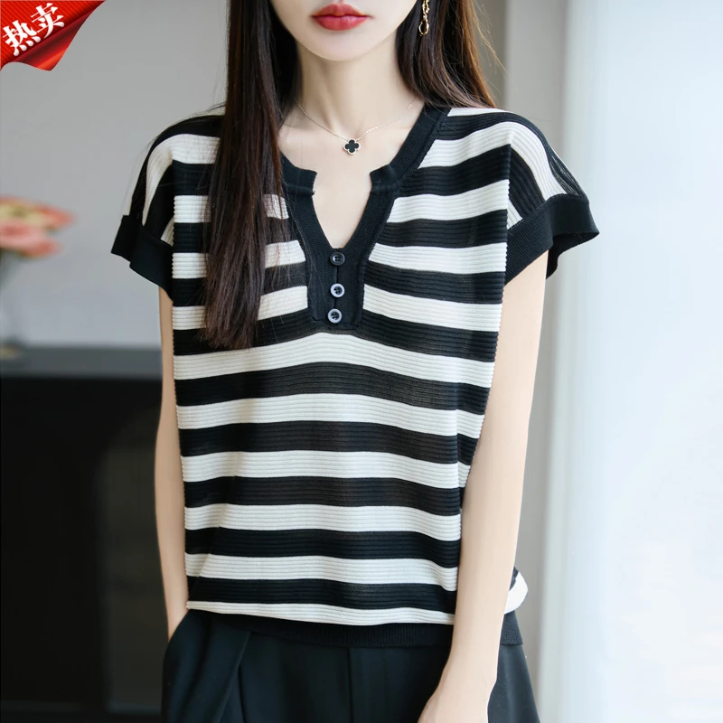 品牌女装2025夏季新款条纹薄款针织衫短袖上衣小众时尚百搭设计感