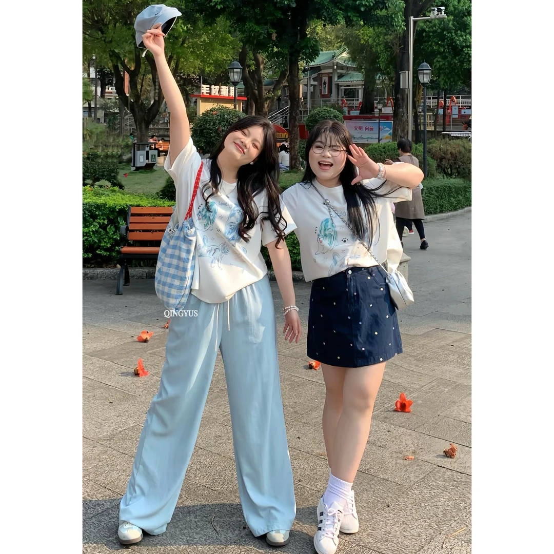 青屿衫-设计感猫咪印花T恤卡通减龄可爱上衣微胖显瘦春季大码女装