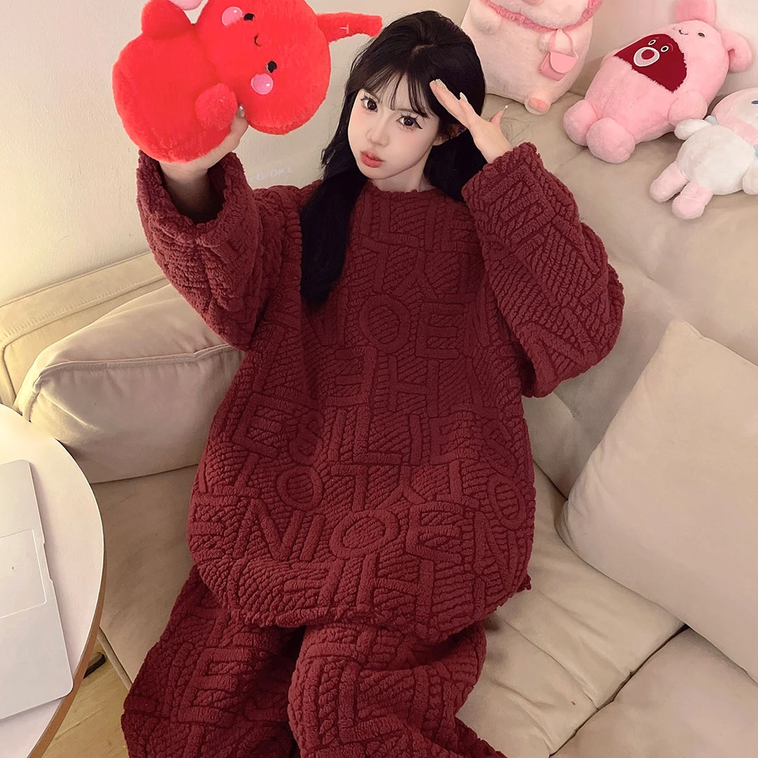 2025新款秋冬季天法兰绒大红睡衣女加绒加厚新婚珊瑚绒家居服套装