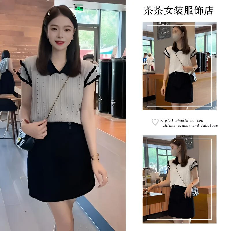 法式小个子别致上衣时尚减龄设计感小众翻领修身针织短T恤女夏季