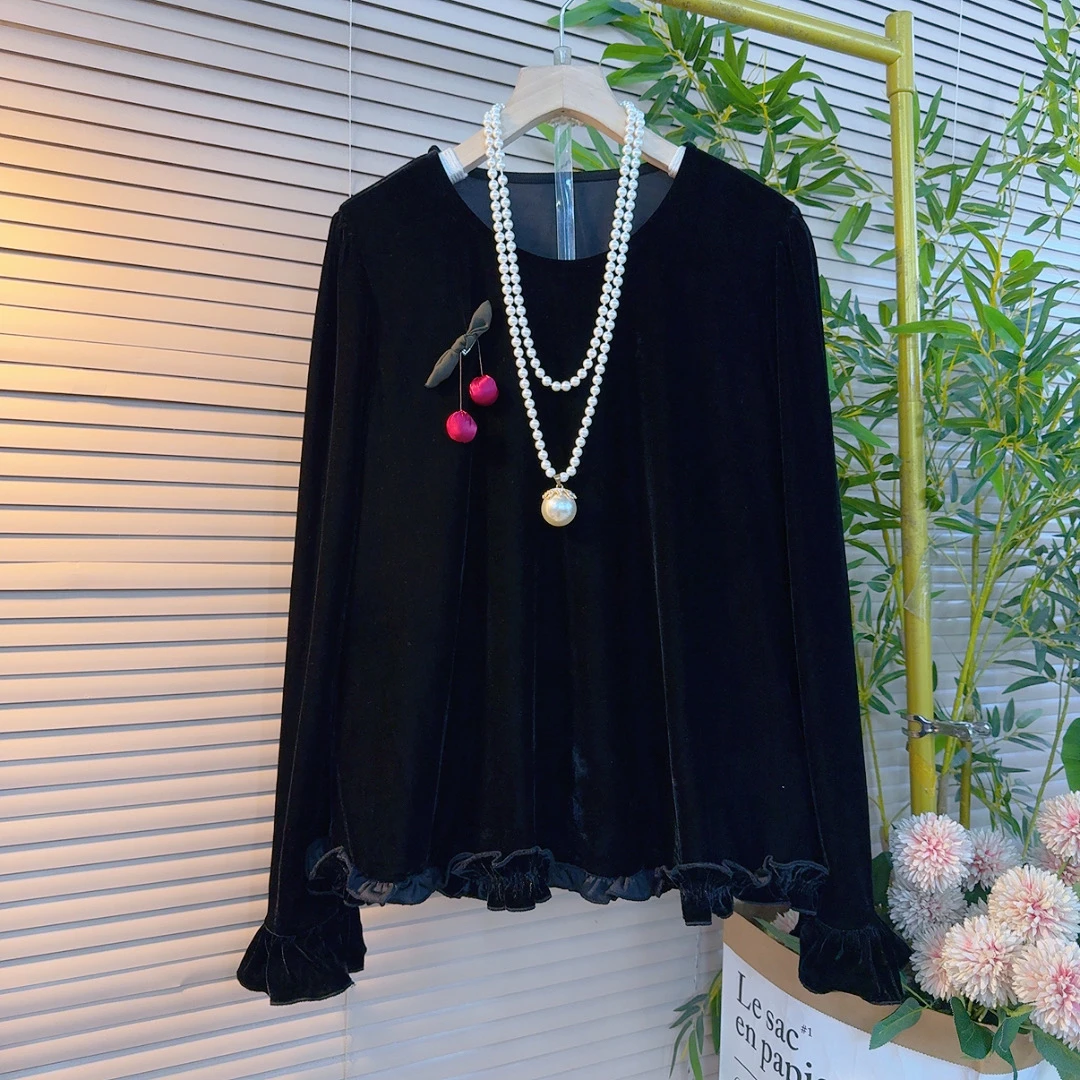 298胖妹妹欧货时尚纯色木耳花边拼接夸张设计感立体装饰丝绒衫