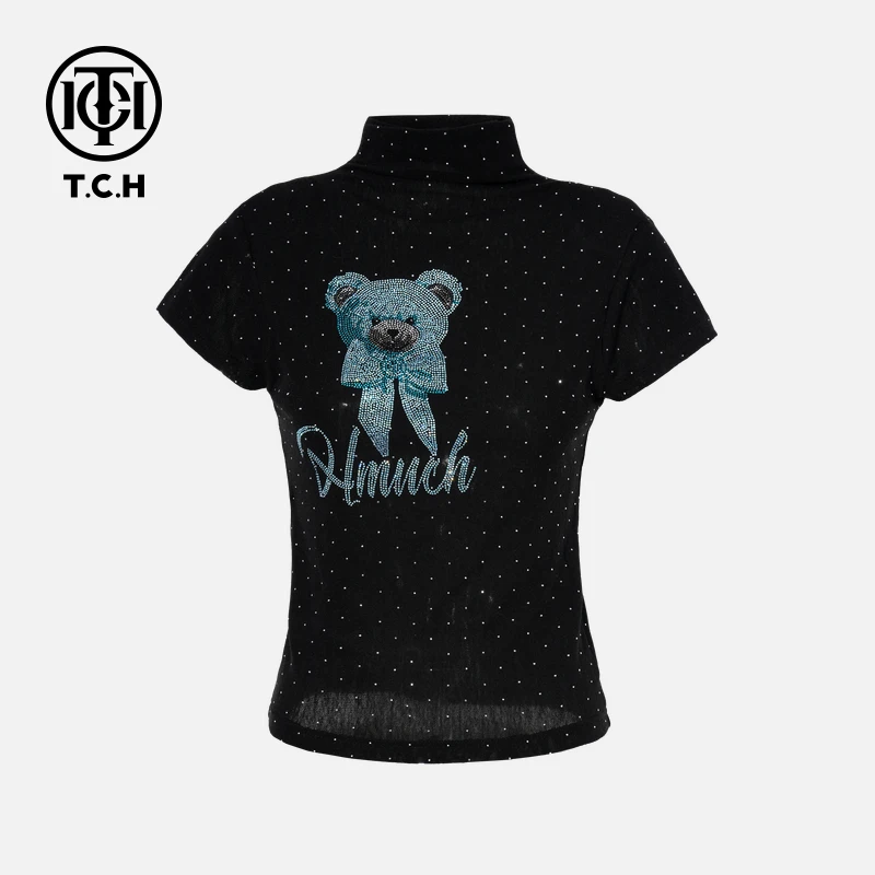 TCH私服秋款烫钻时尚休闲百搭小熊针织T恤女T75C09E5007轻奢tch