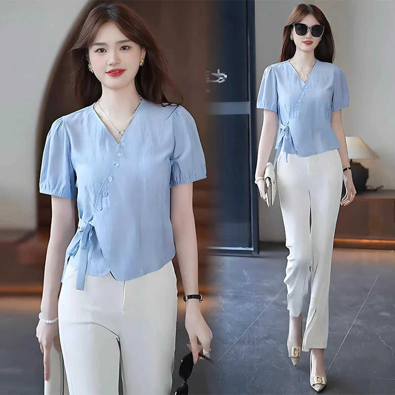 法式系带短袖衬衫女2025年夏季新款时尚设计感泡泡袖V领显瘦上衣