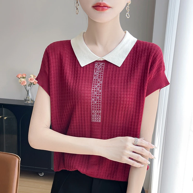 女毛针织衫假开V领夏季宽松小衫大码减龄宽松女装短袖背心T恤薄