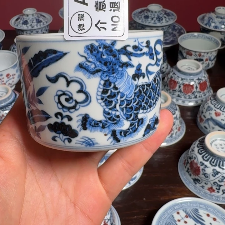 *****摆件柴窑青花麒麟杯杯杯