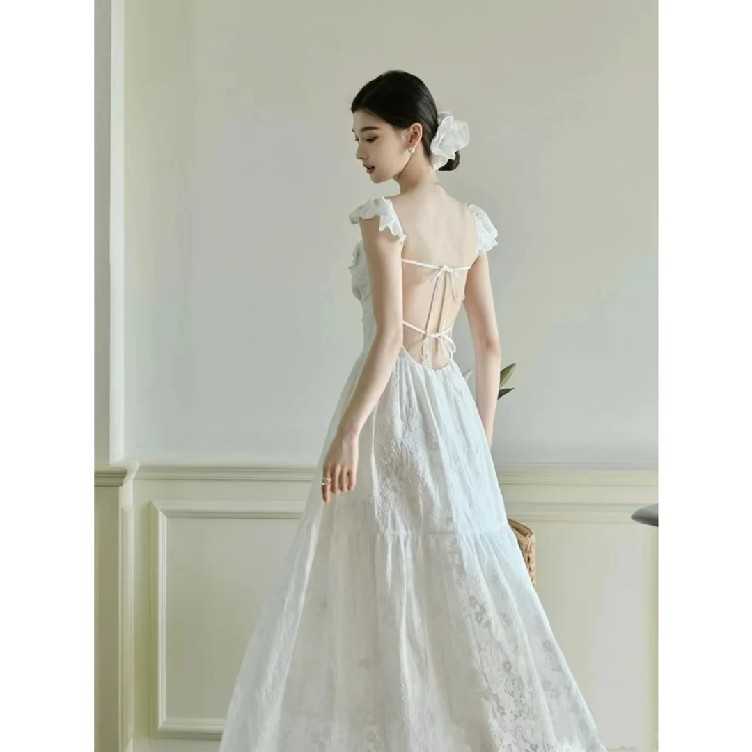 全棉绳绣&高级法式度假V领l大露背吊带蕾丝立体花朵长款连衣裙女