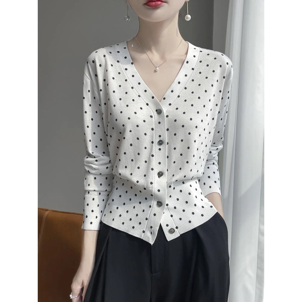 凉感天丝莱赛尔波点长袖针织开衫外套女v领短款宽松显瘦薄款上衣