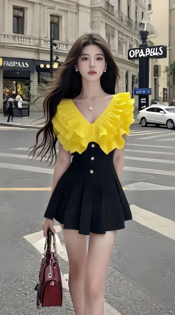 优雅高端大气法式温柔V领黄黑拼接设计连衣裙轻奢时尚高级氛围感