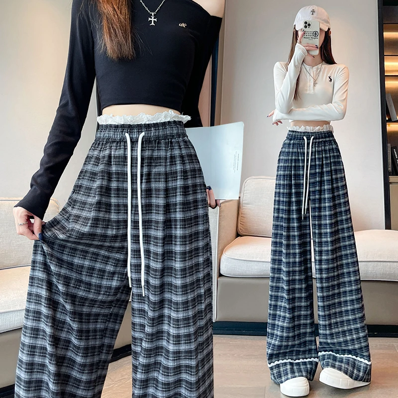 韩系蕾丝花边格子阔腿裤2025秋季磨毛格纹阔腿裤女款爆款2025新款
