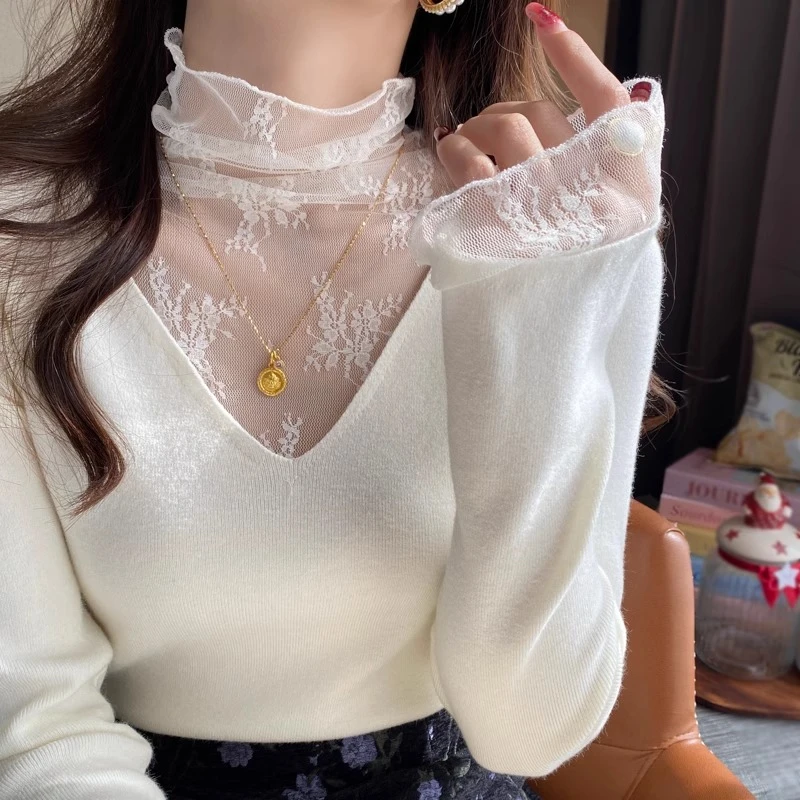 白色V领假两件蕾丝打底衫女内搭2025春季新款设计感毛衣针织上衣
