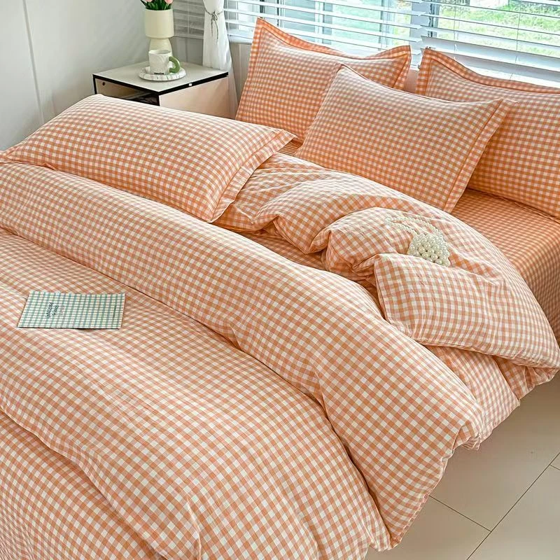 全棉100%色织水洗棉床品  20橙色小格