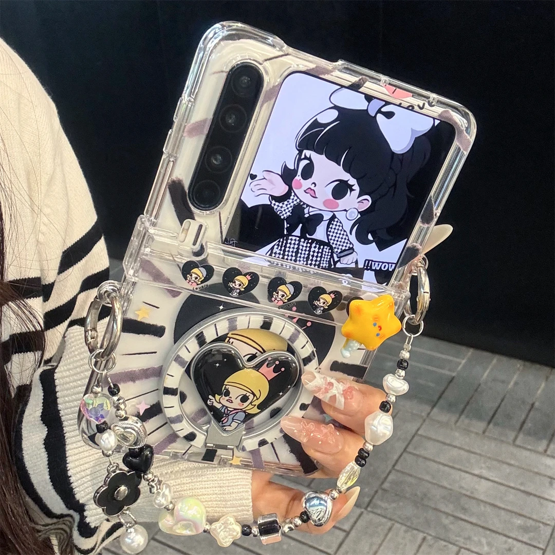 适用华为purax折叠屏手机壳黑色爱心pocket2女孩折叠磁吸支架链条