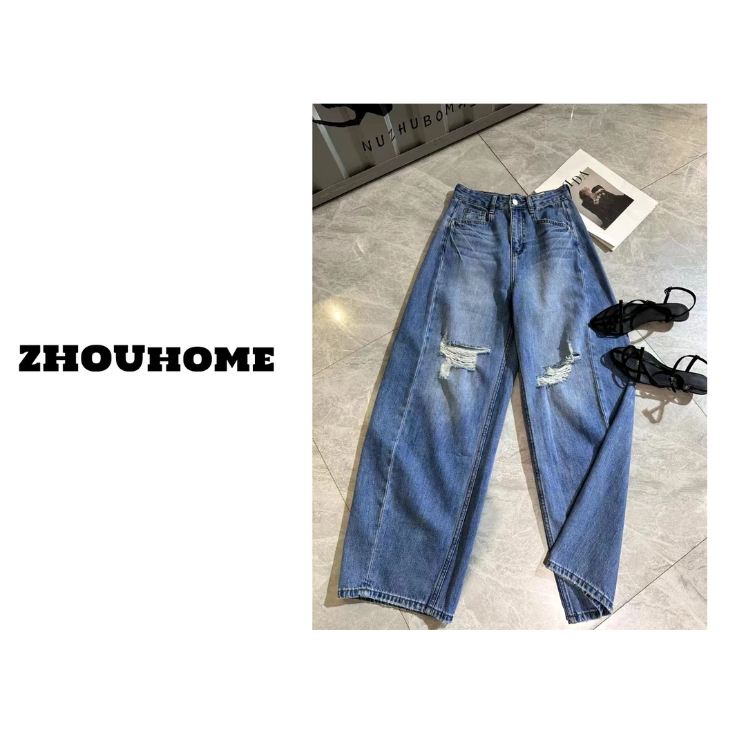 【周周服饰】欧货复古宽松薄款破洞弯刀阔腿牛仔裤女夏季2025新款