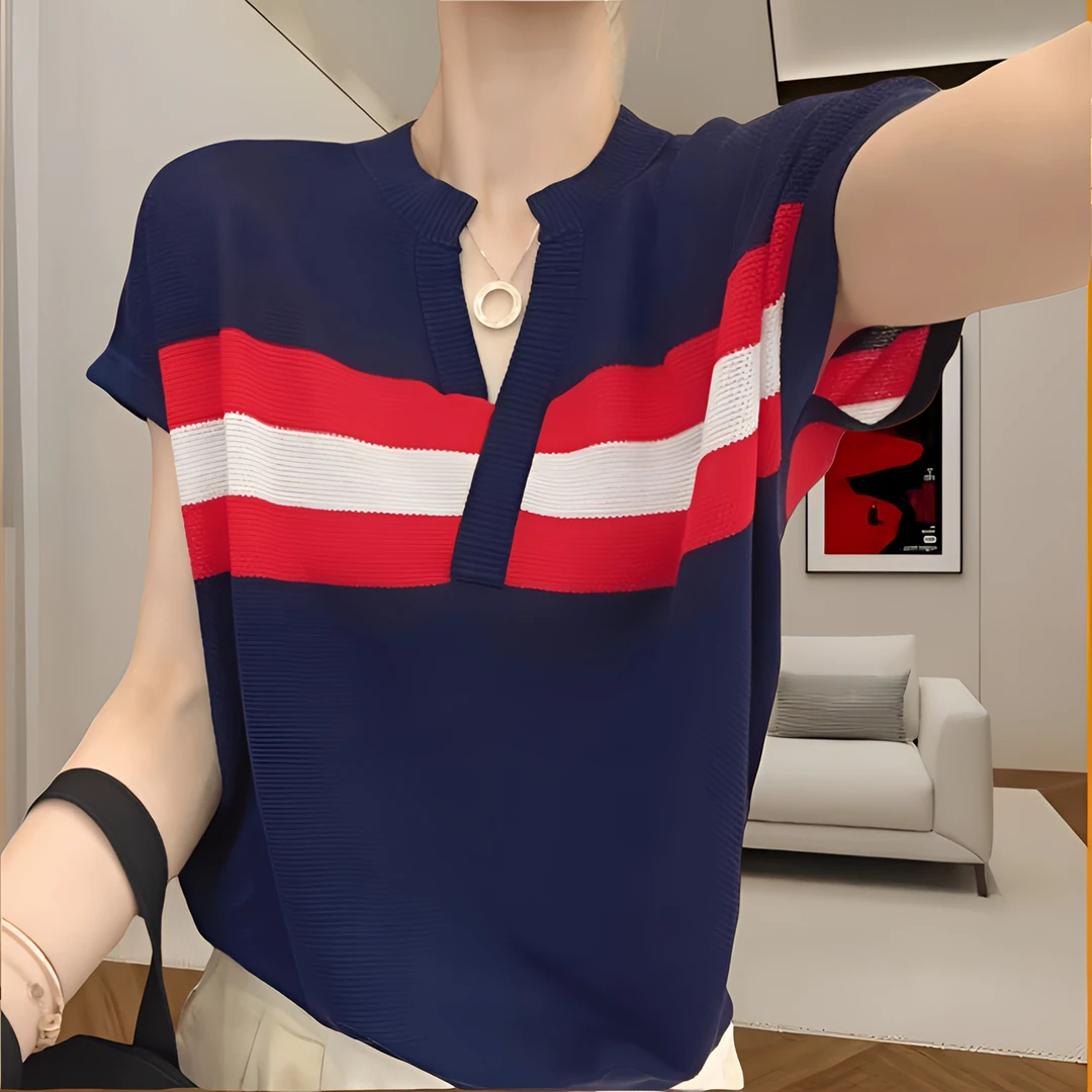 宽松撞色V领条纹针织衫上衣女2024夏季休闲洋气薄款大码漂亮小衫