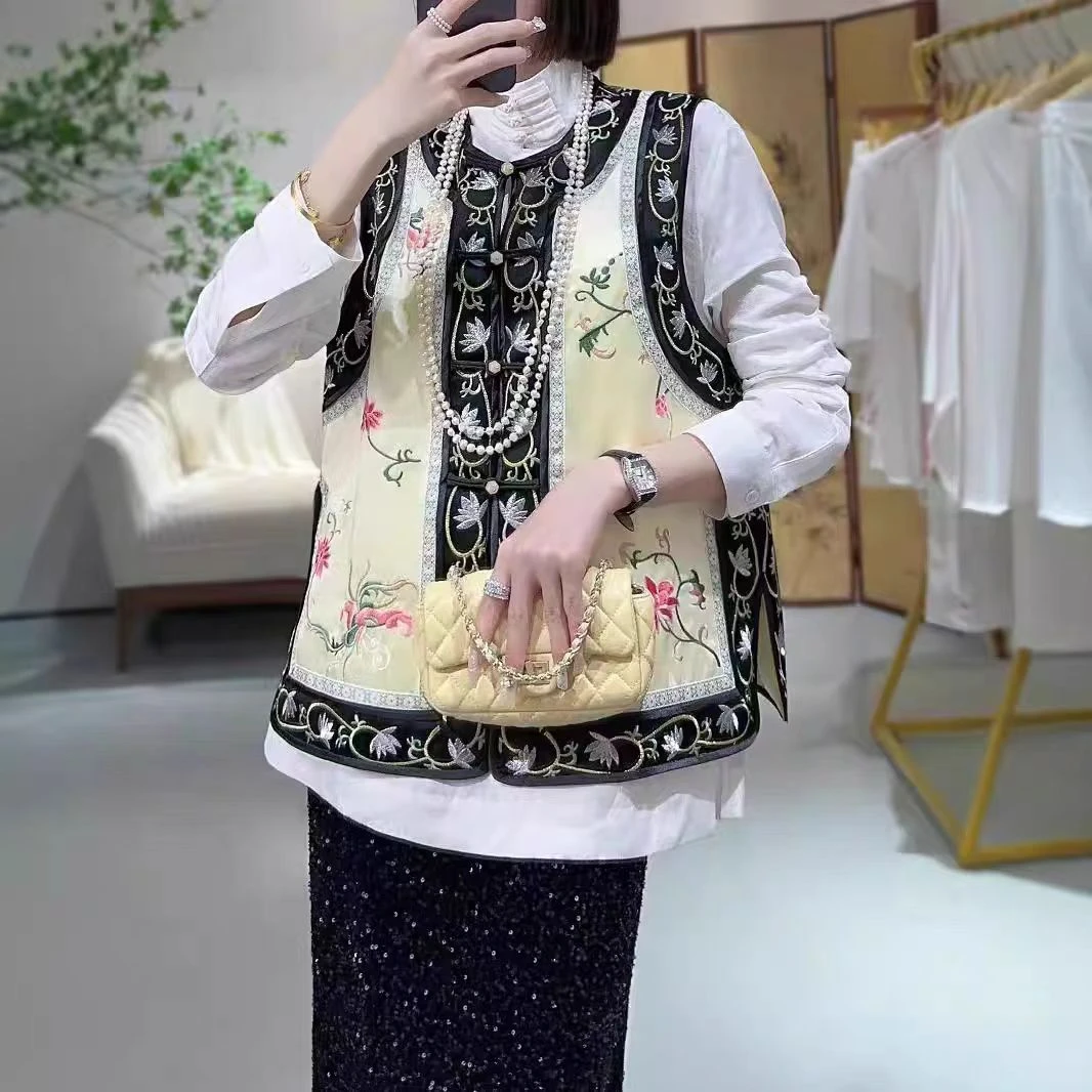 马甲新中式植物花卉刺绣马夹醋酸民族风女装百搭刺绣复古（瑕疵）