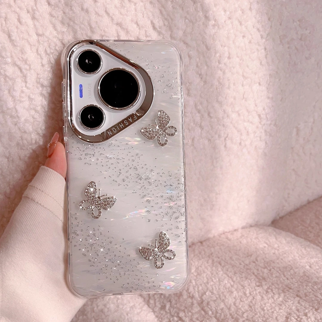 适用华为pura70pro手机壳mate70唯美闪粉贝母纹蝴蝶mate60pro女款