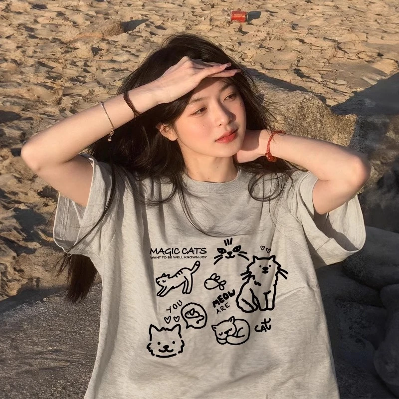 夏季宽松t恤女2025新款灰色纯棉显瘦短袖小众正肩圆领上衣设计感