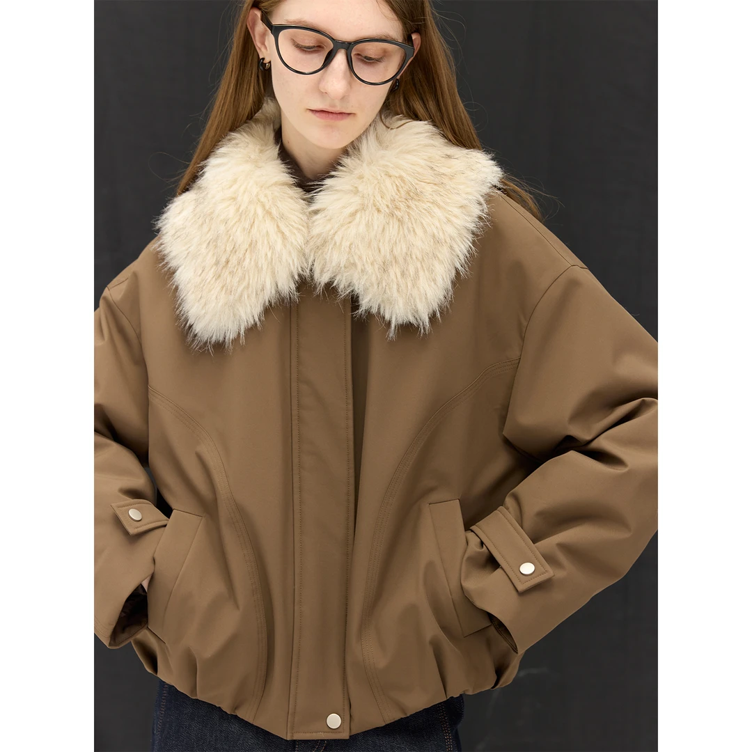 巴恩风毛领拼接派克羽绒服女冬90白鸭绒工装外套