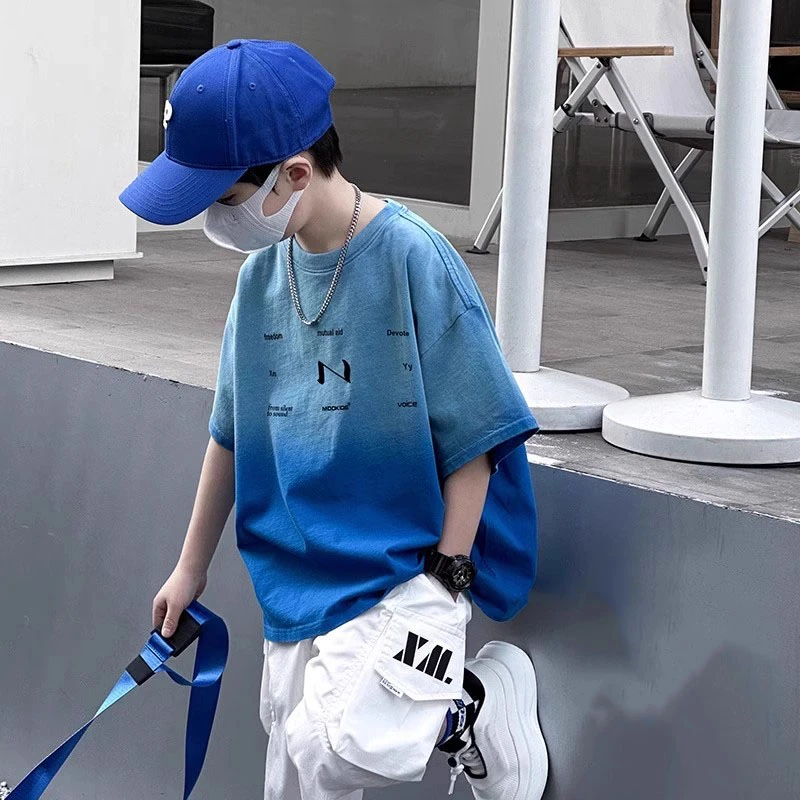 【渐变蓝】童装男童短袖2025新款儿童夏季T恤男孩夏装半袖痞帅上衣