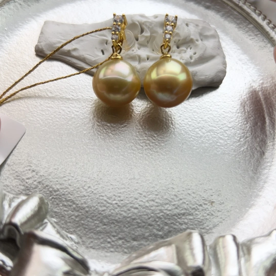 银S925镶嵌耳饰海水珍珠11-12mm海水金珠三颗石耳坠