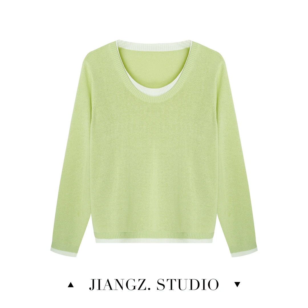 panii【叠影】法式春游撞色假两件圆领千金宽松百搭显瘦上衣