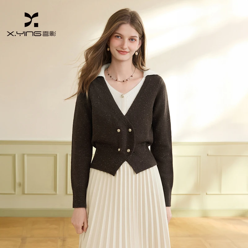 M75W006毛针织衫 香影假两件v领针织衫女长袖冬季新款美拉德咖色