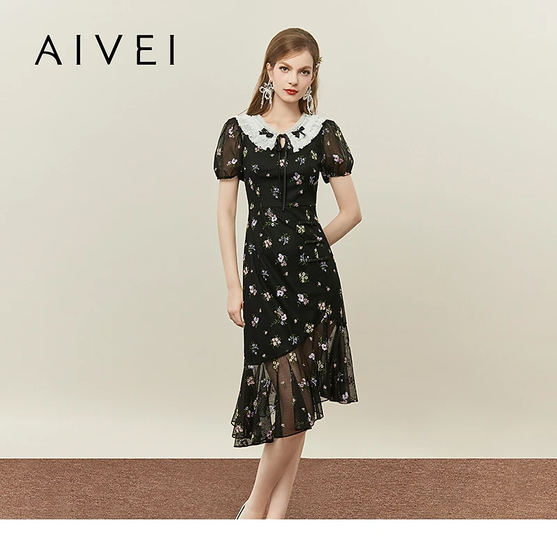 AIVEI艾薇莫奈花园风度假春游优雅鱼尾群雪纺碎花连衣裙R0160195