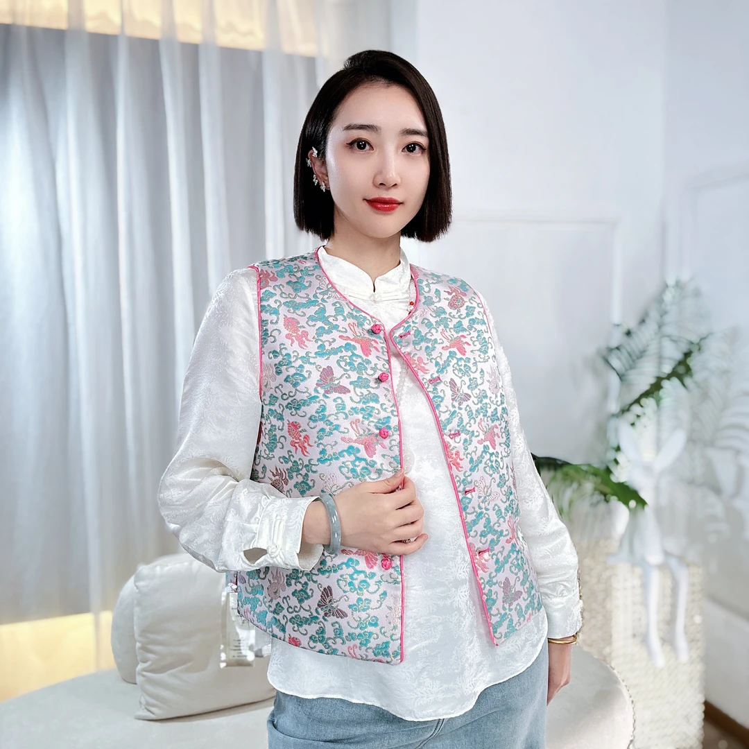 新中式国风时尚桑蚕丝女士宋锦圆领马甲无袖潮牌马夹HF-4184-10