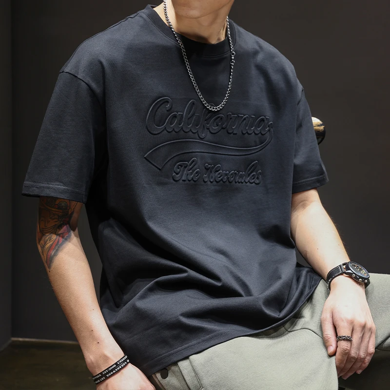 LEIGHZ/雷茨潮牌美式重磅短袖T恤男夏季宽松大码上衣服印花体恤潮