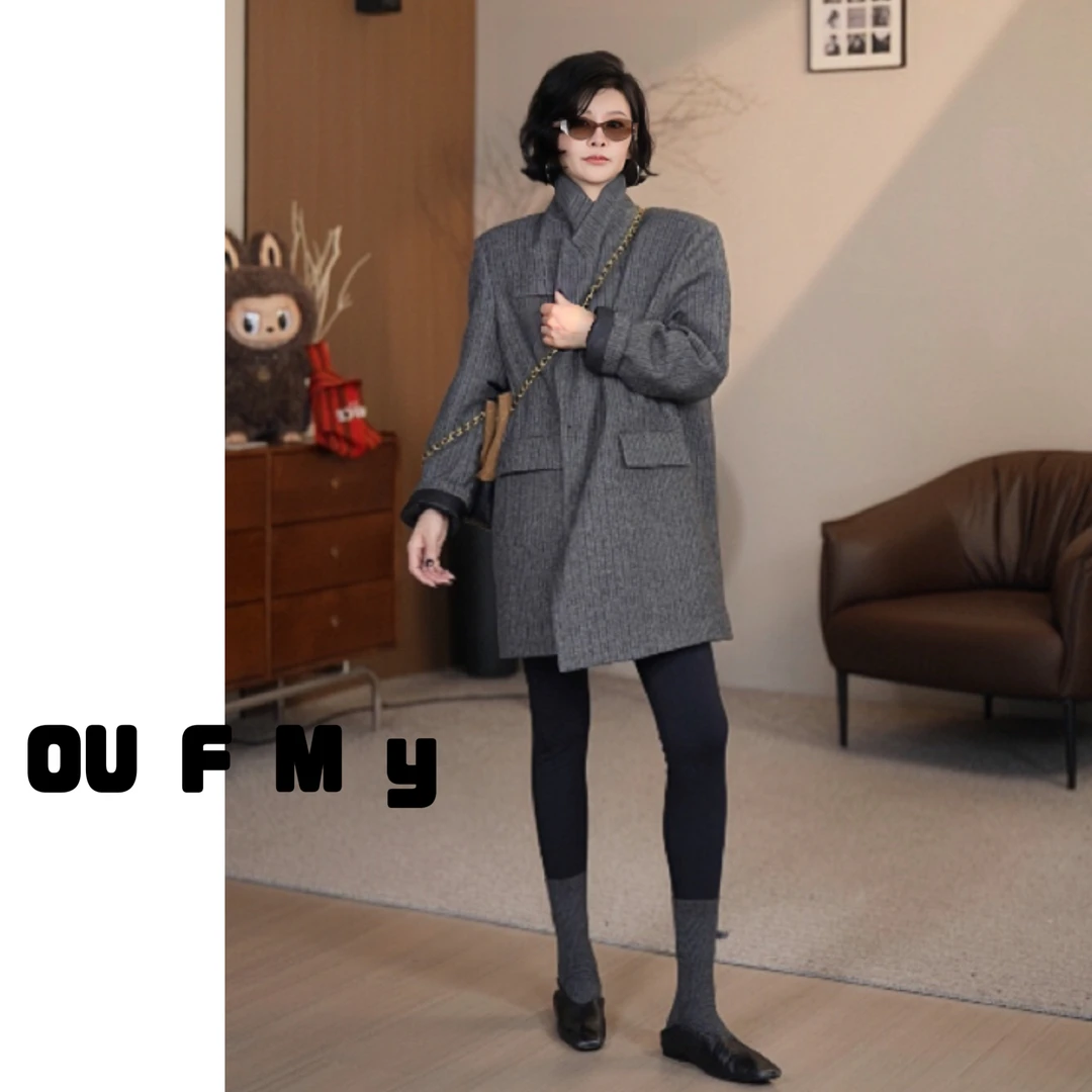 FY3602冬季新款气质显瘦时尚保暖宽松羊毛条纹西装羽绒服