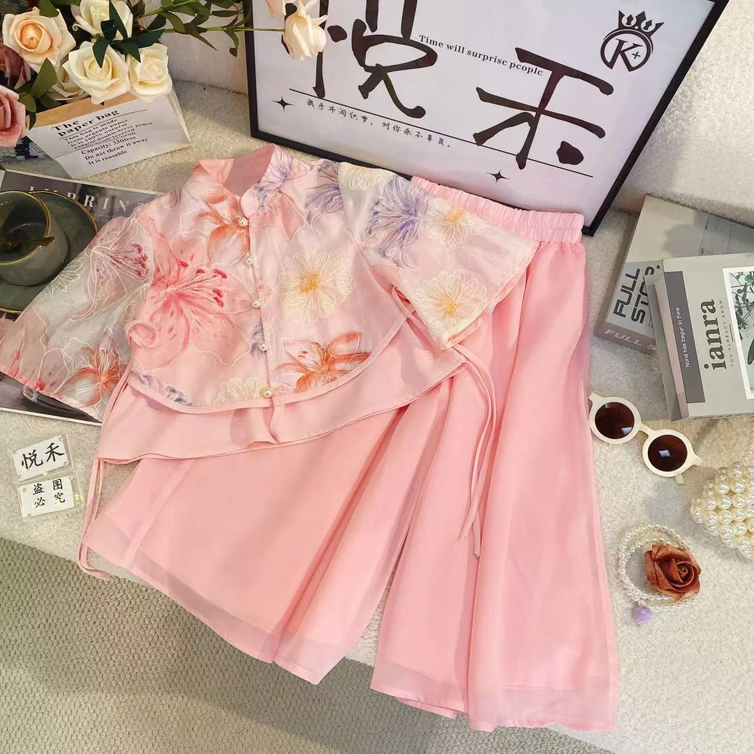 T1女童新中式国小飞袖2025夏季新款飘逸粉色甜美公主长裤套装8764