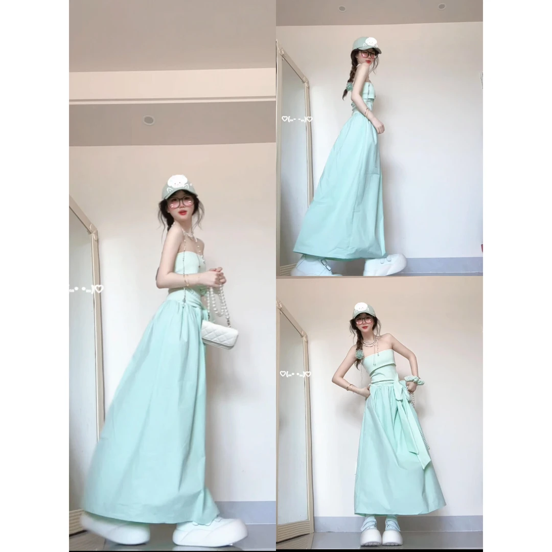 法式蝴蝶结收腰抹胸连衣裙女夏季2025新款高级感独特绝美中长裙子