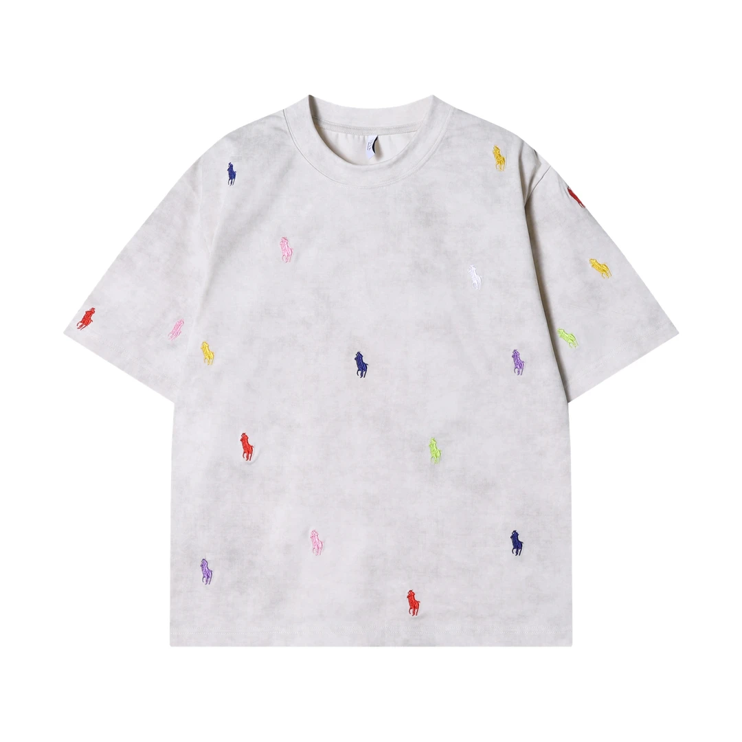 春夏新款时尚个性扎染彩色刺绣标圆领短袖T恤小众设计轻奢上衣