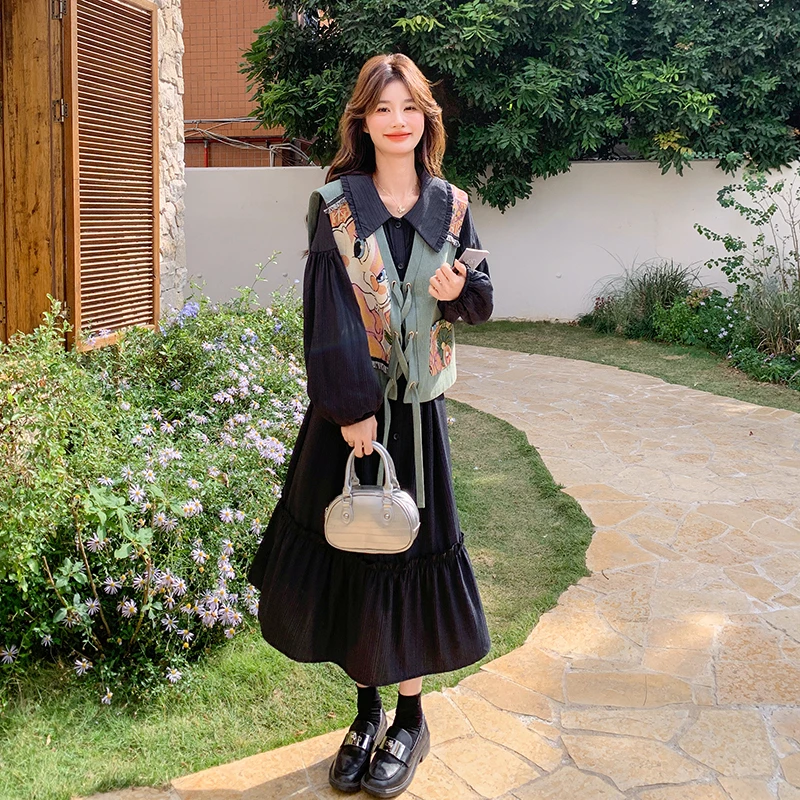 黑色法式茶歇叠穿蝴蝶结连衣裙套装女2025春日宽松显瘦长裙两件套